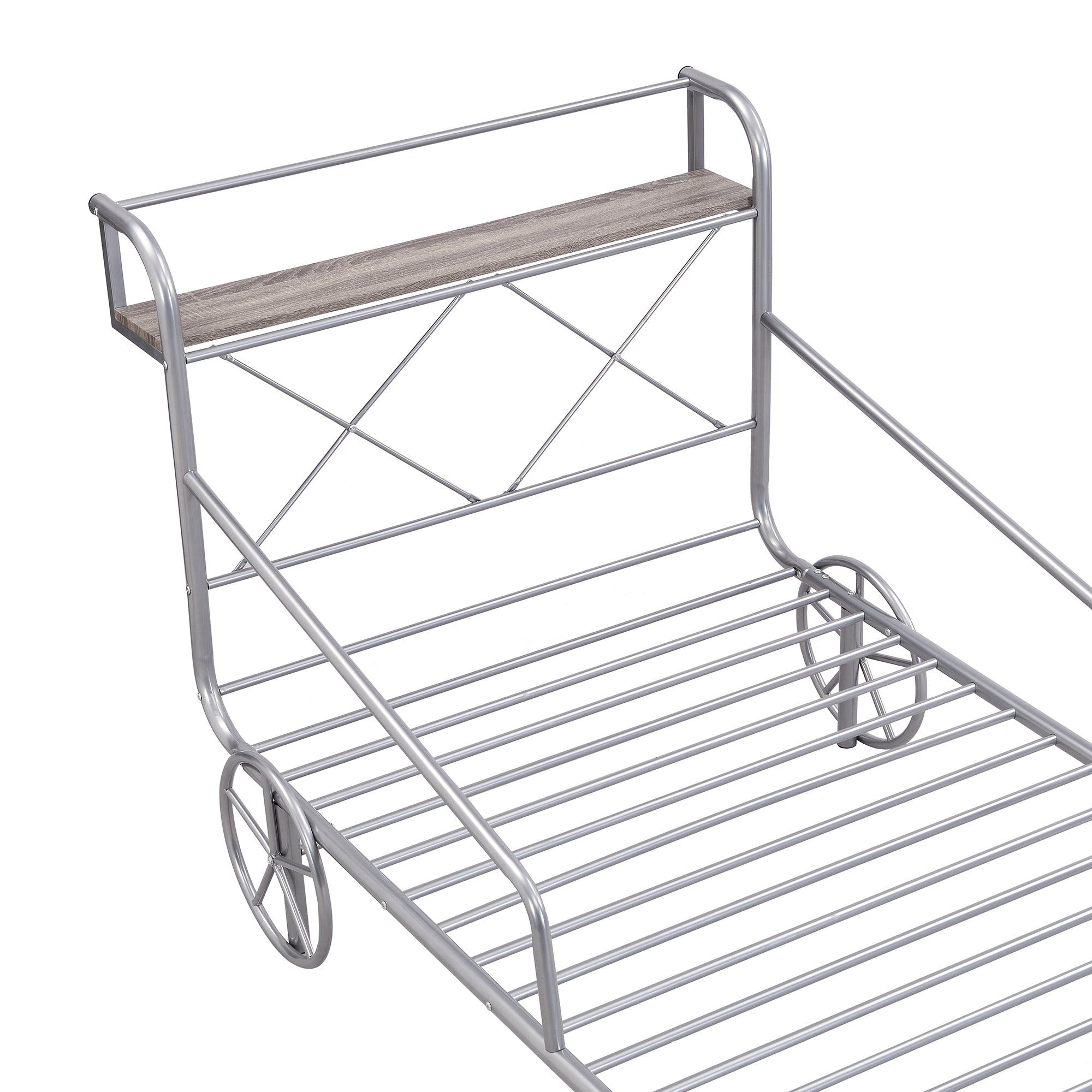 Twin Size Metal Car Bed with Four Wheels, Guardrails and X-Shaped Frame Shelf, Silver(Old SKU: MF297599AAN) - Atlantic Fine Furniture Melbourne FL