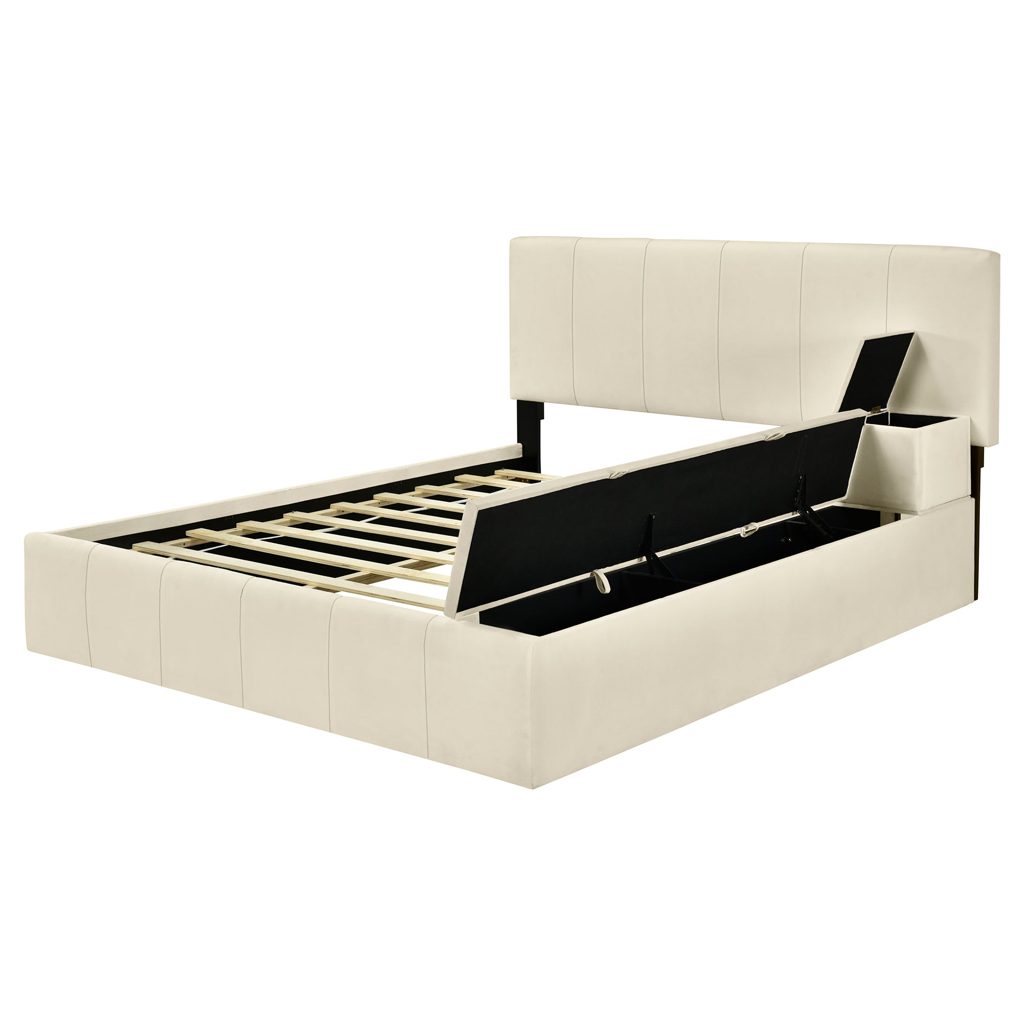 Full Size Upholstered Platform Bed with Lateral Storage Compartments and Thick Fabric, Velvet, Beige - Atlantic Fine Furniture Melbourne FL