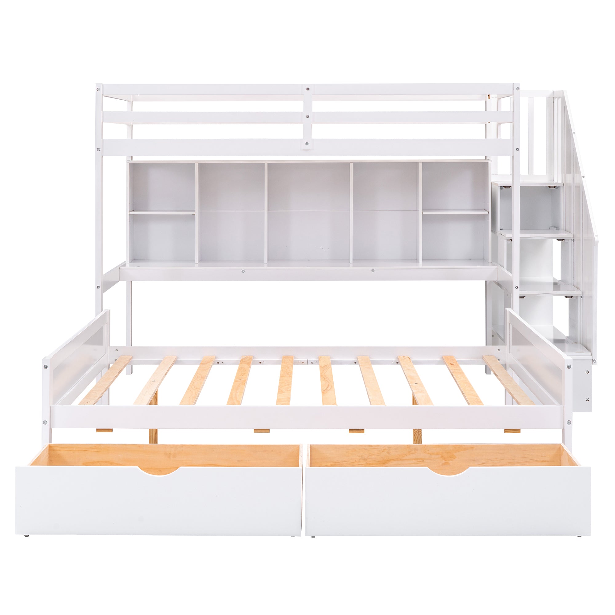 Twin XL over Full Bunk Bed with Built-in Storage Shelves, Drawers and Staircase,White - Atlantic Fine Furniture Melbourne FL