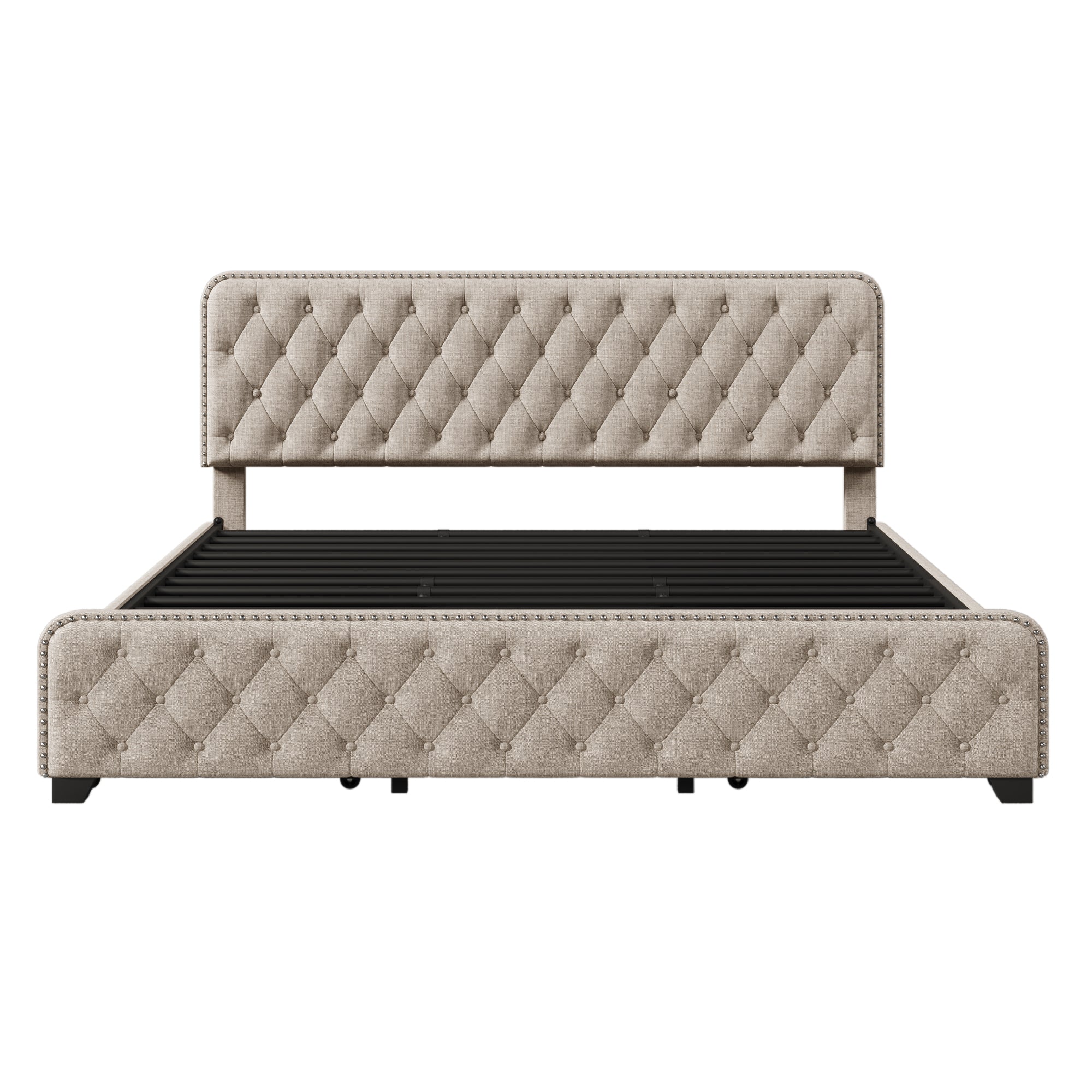 Upholstered Platform Bed Frame with Four Drawers, Button Tufted Headboard and Footboard Sturdy Metal Support, No Box Spring Required, Beige, King (Old sku:BS300277AAA) - Atlantic Fine Furniture Melbourne FL