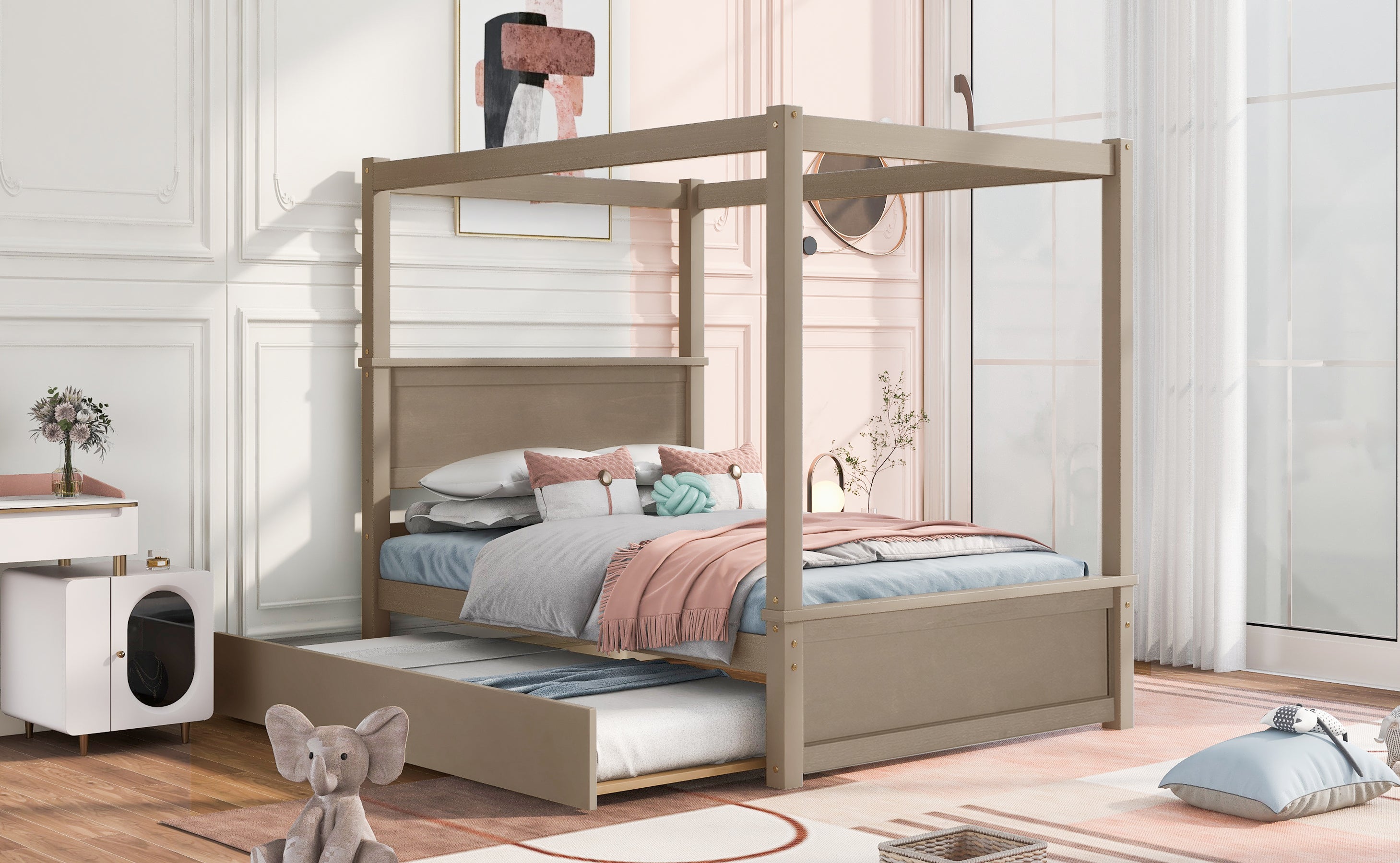 Wood Canopy Bed with Trundle Bed ,Full Size Canopy Platform bed With Support Slats .No Box Spring Needed, Brushed Light Brown - Atlantic Fine Furniture Melbourne FL