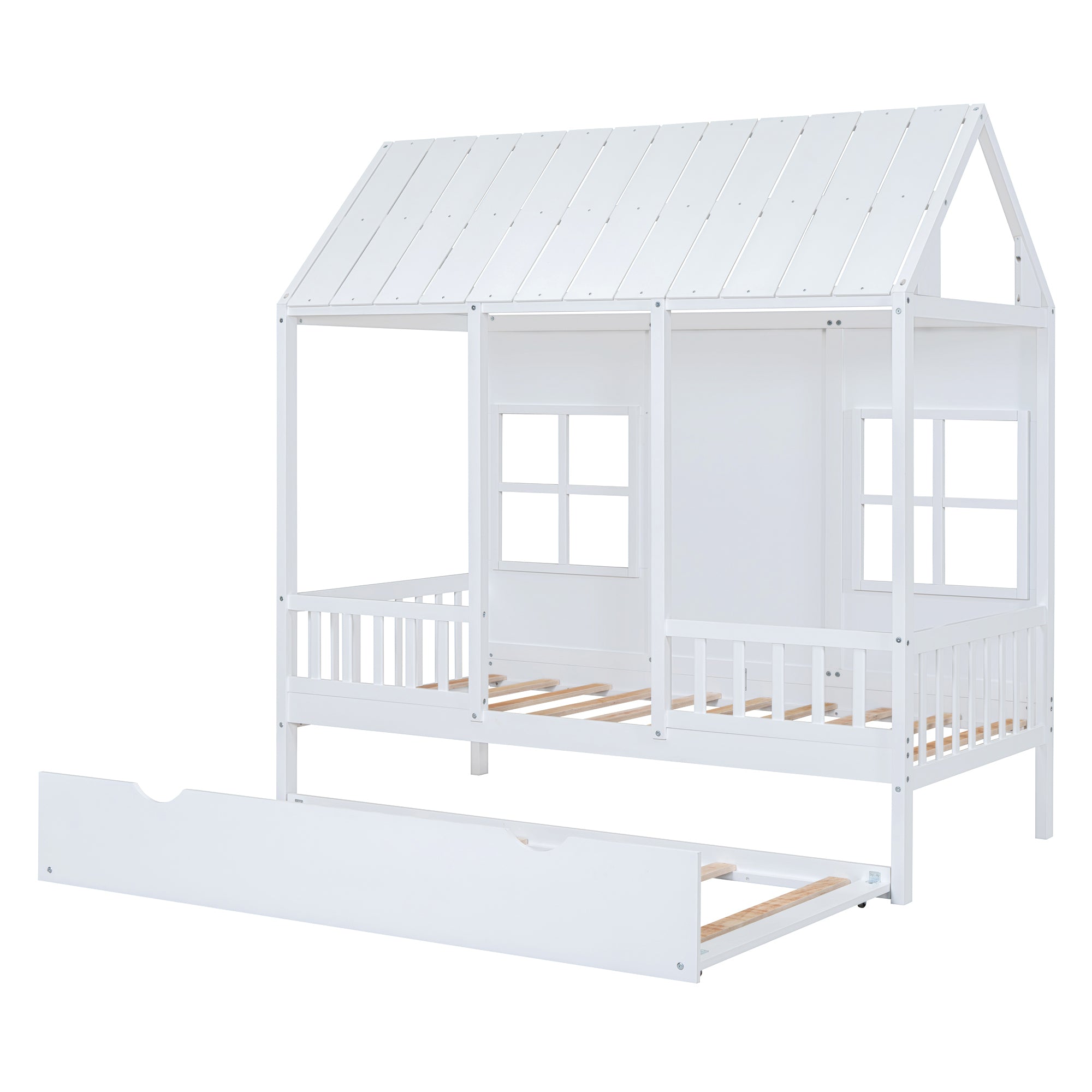 Twin Size Wood House Bed With Twin Size Trundle, Wooden Daybed, White