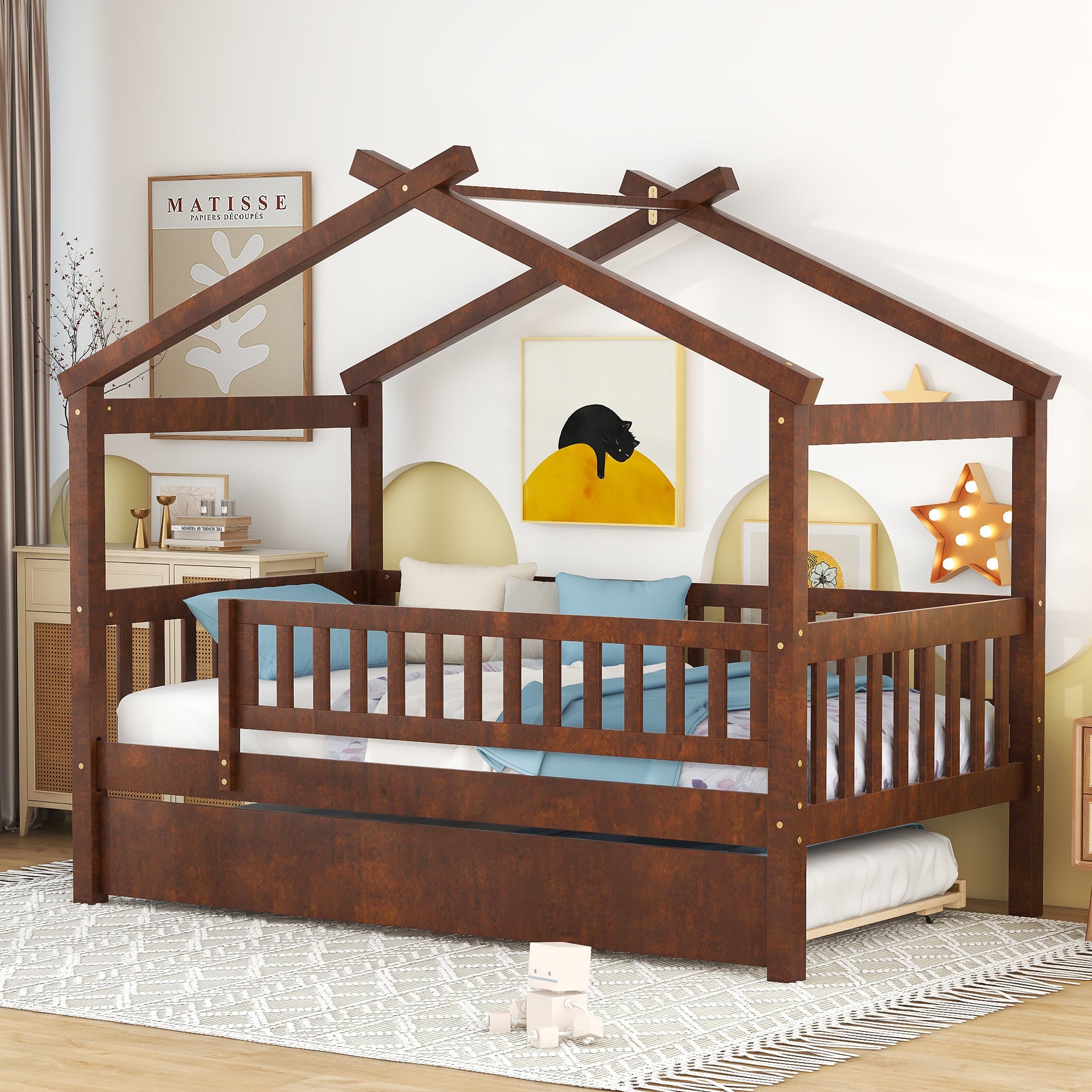 Twin Size Wooden House Bed with Twin Size Trundle, Walnut - Atlantic Fine Furniture Melbourne FL