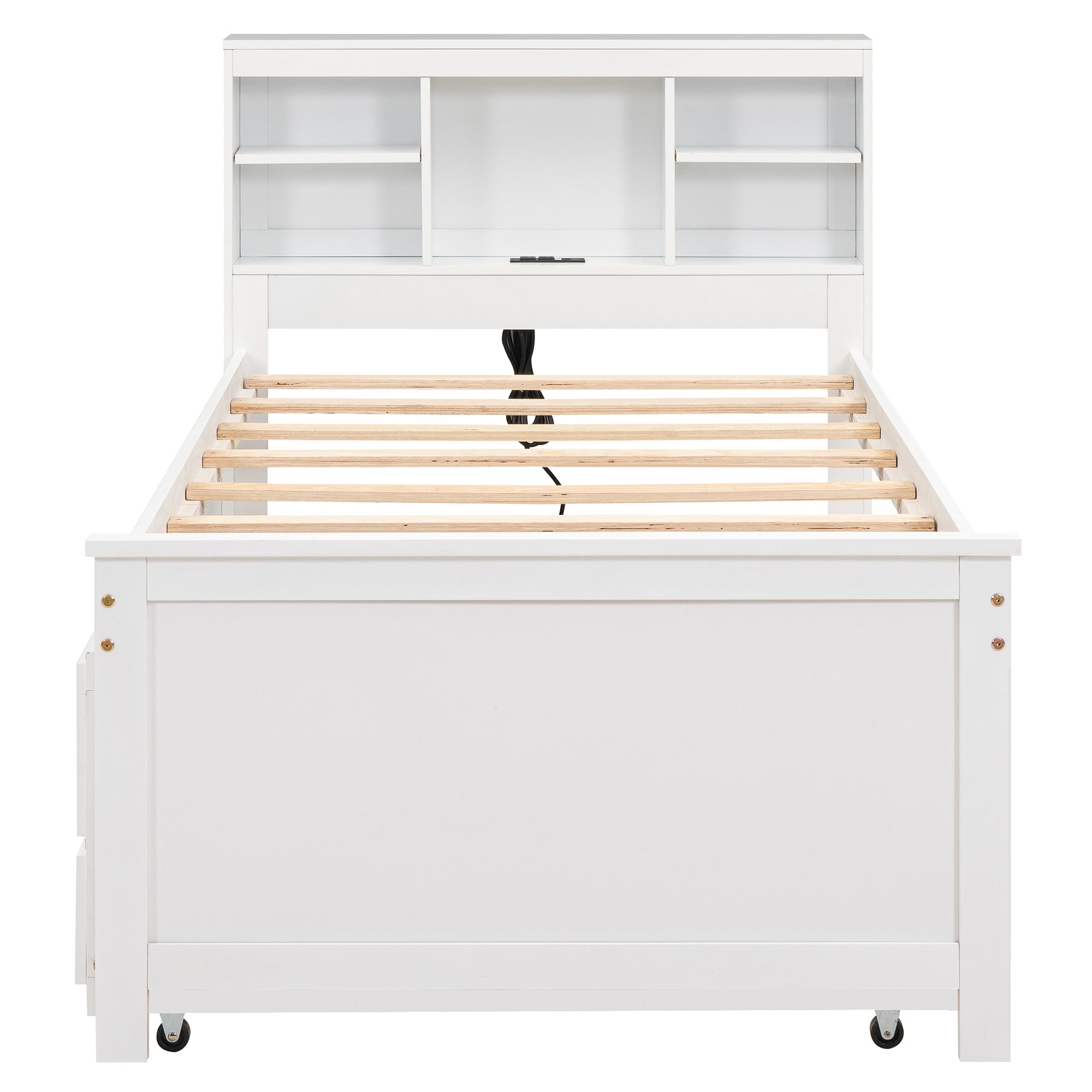 Twin Size Platform Bed with Storage Headboard, USB, Twin Size Trundle and 3 Drawers, White - Atlantic Fine Furniture Melbourne FL