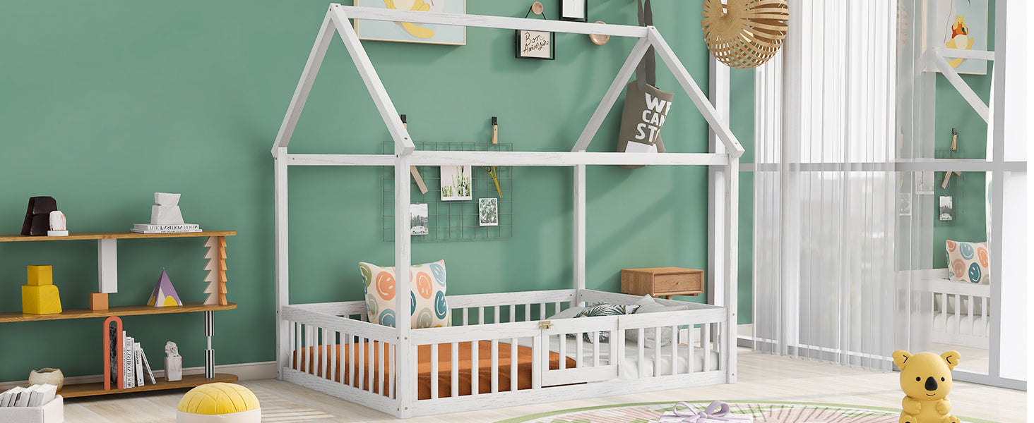 Full Size Wood House Bed with Fence and Door, White Wash