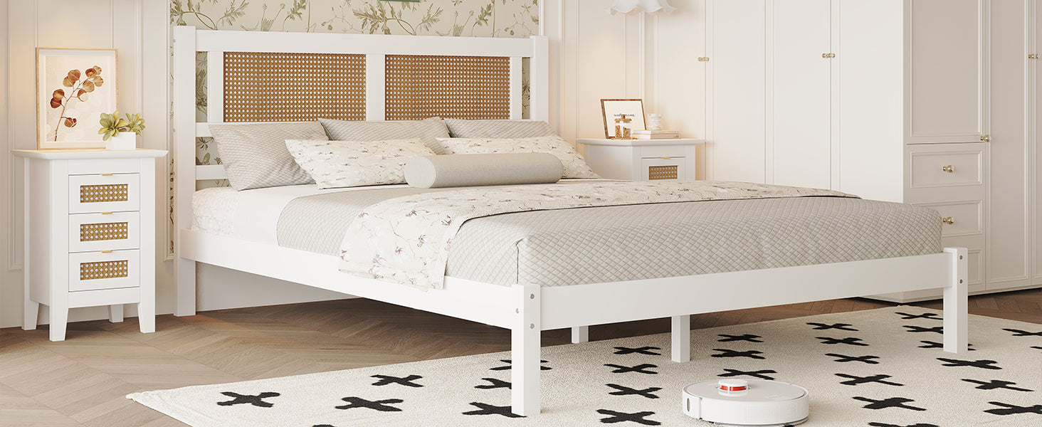Queen Size Wood Platform Bed with Natural Rattan Headboard,Exquisite Elegance with Minimalist Charm for Bedroom,White - Atlantic Fine Furniture Melbourne FL
