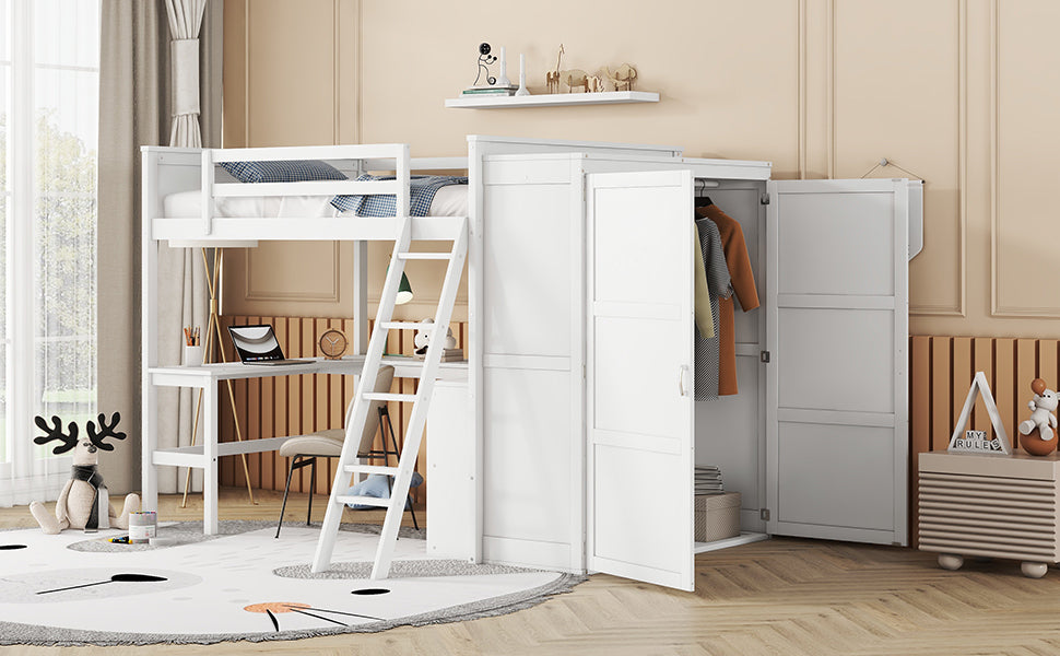 Full size Loft Bed with Desk, Shelves and Wardrobe-White - Atlantic Fine Furniture Melbourne FL