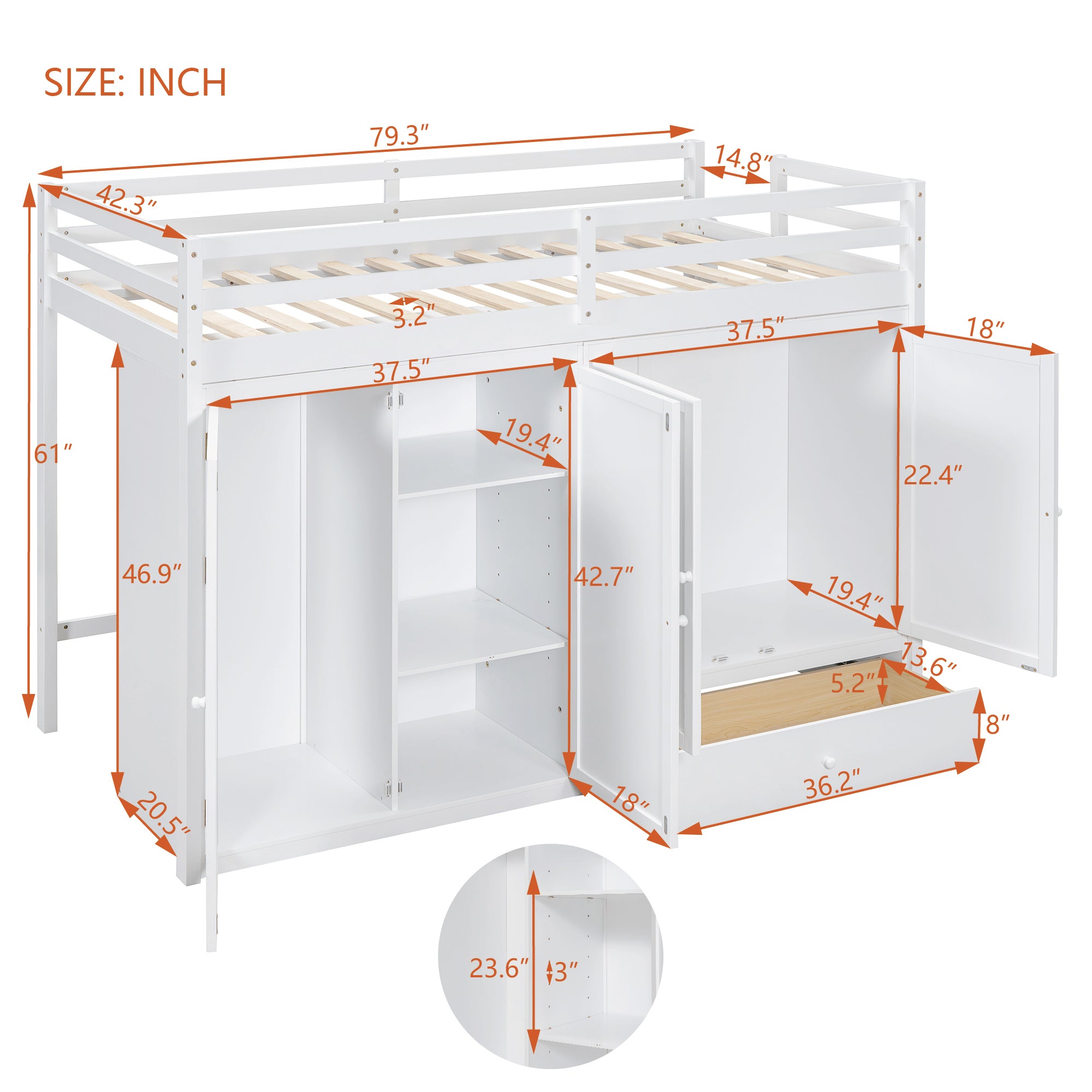 Twin size Loft Bed with Drawer, Two Wardrobes and Mirror, White - Atlantic Fine Furniture Melbourne FL