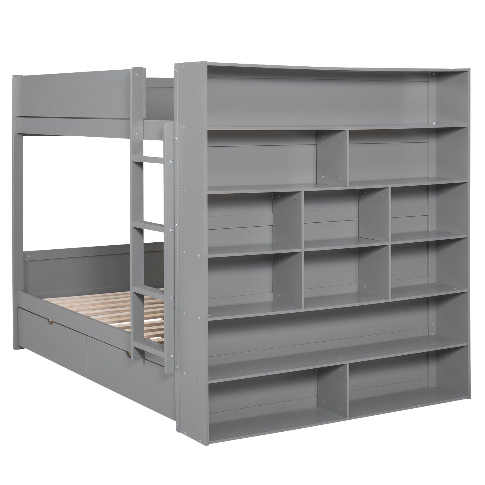 Full over Full Bunk Bed With 2 Drawers and Multi-layer Cabinet, Gray - Atlantic Fine Furniture Melbourne FL