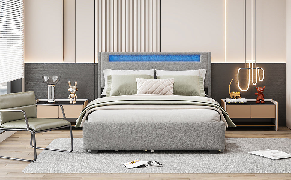 Full Size Upholstered Platform Bed with LED Frame, with Twin Size Trundle and 2 drawers, Teddy Fleece, Gray