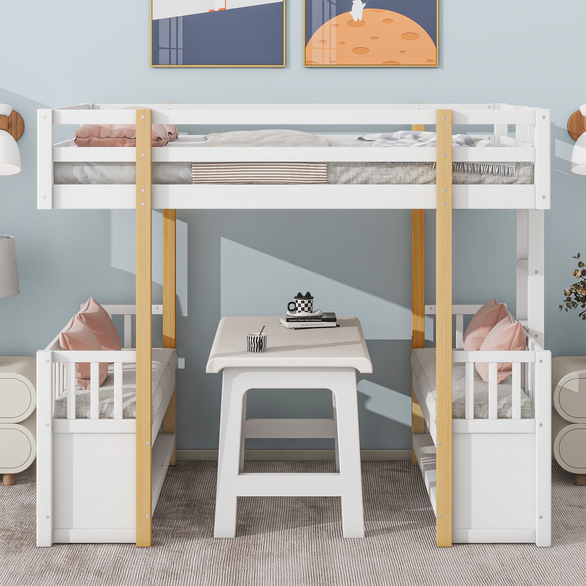 Wood Twin Size Loft Bed with 2 Seats and a Ladder, White - Atlantic Fine Furniture Melbourne FL
