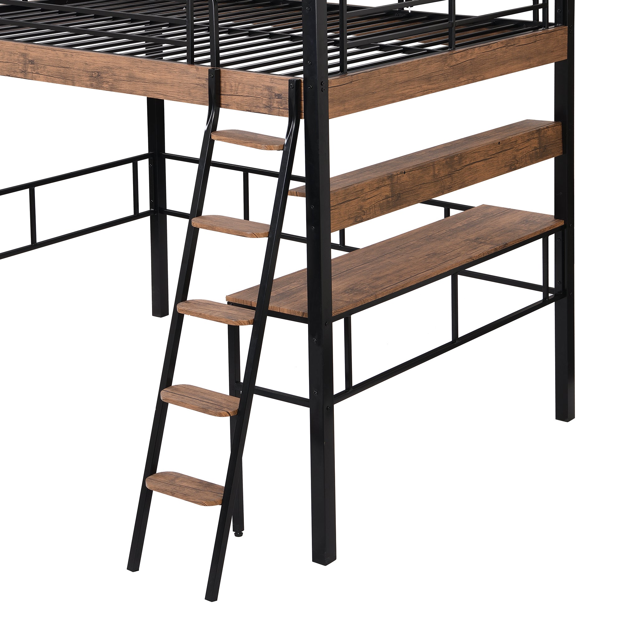 Metal Full Size Loft Bed with Built-in Desk, Storage Shelf and Ladder, Black