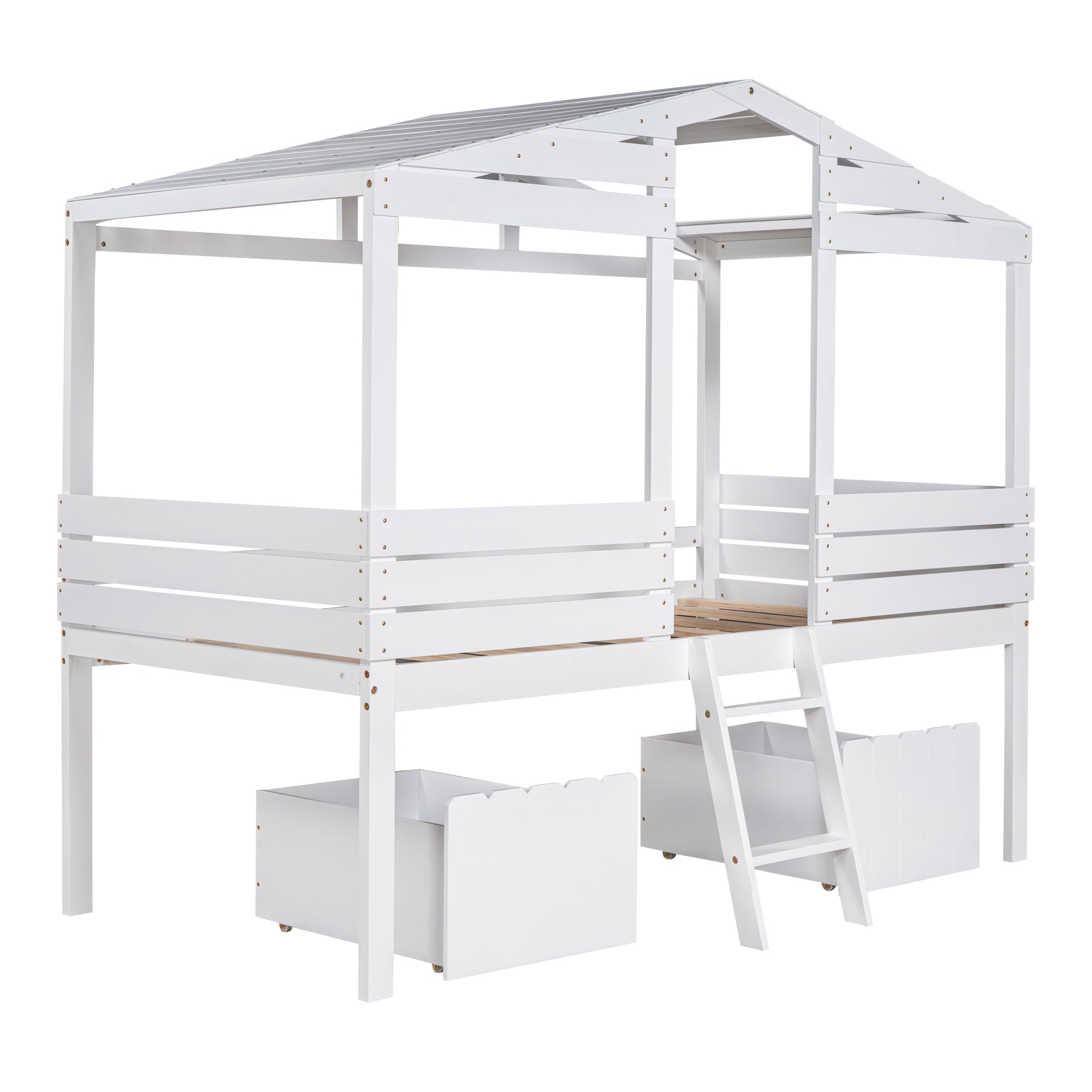 Twin Size Low Loft Wood House Bed with Two Drawers, White - Atlantic Fine Furniture Melbourne FL