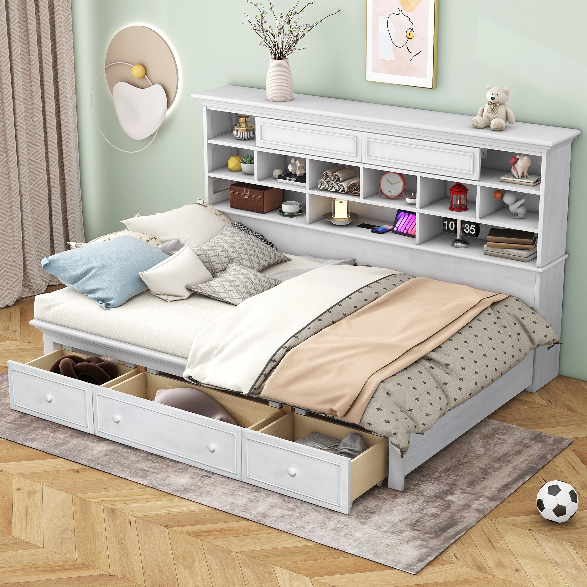 Twin Size Wood Daybed with Multi-Storage Shelves, Charging Station and 3 Drawers, Antique White - Atlantic Fine Furniture Melbourne FL