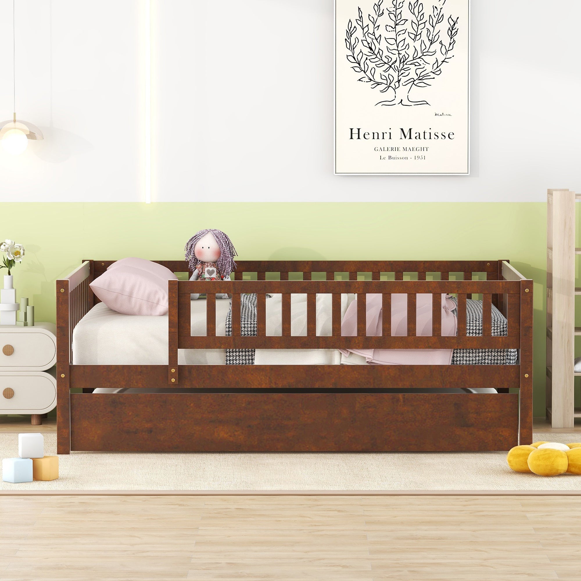 Full Size Wood Daybed with Trundle and Fence Guardrails, Walnut - Atlantic Fine Furniture Melbourne FL