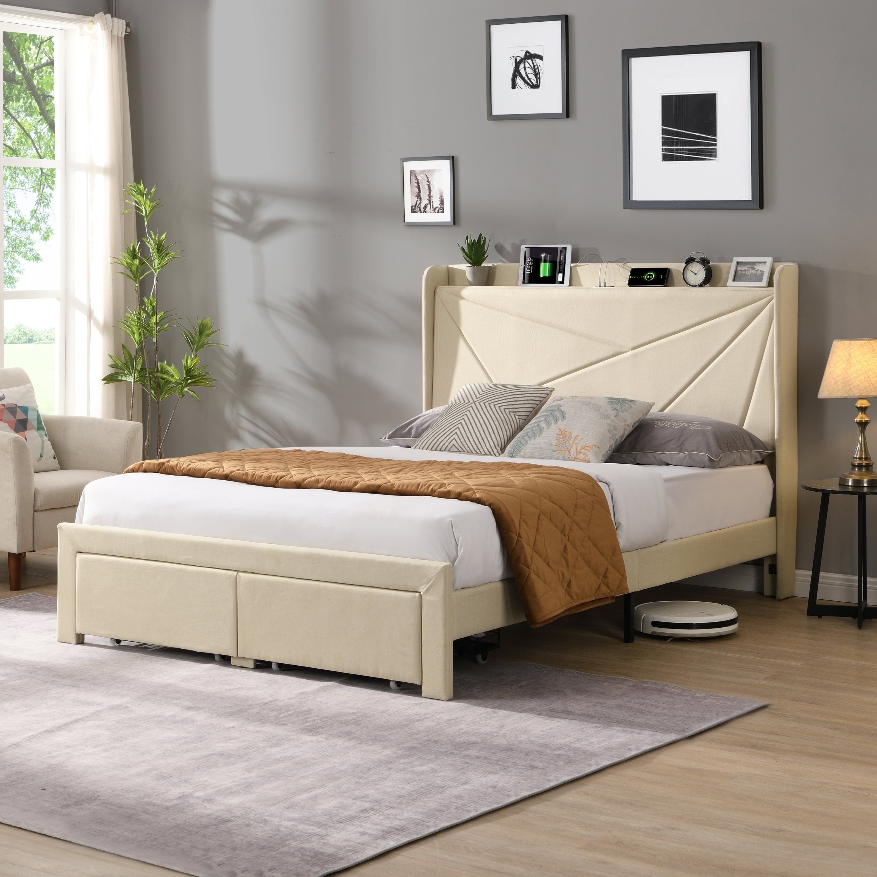 Queen Size Bed Frame with 2 Storage Drawers, Upholstered Bed Frame with Wingback Headboard Storage Shelf Built-in USB Charging Stations and Strong Wood Slats Support, No Box Spring Needed, Beige