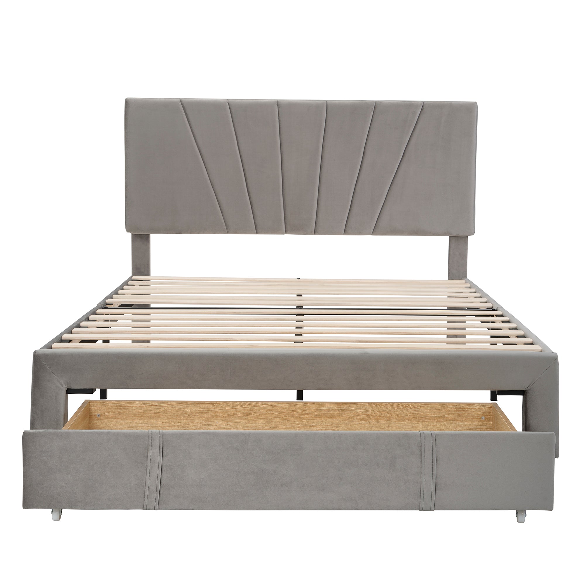 Queen Size Storage Bed Velvet Upholstered Platform Bed with a Big Drawer - Gray - Atlantic Fine Furniture Melbourne FL