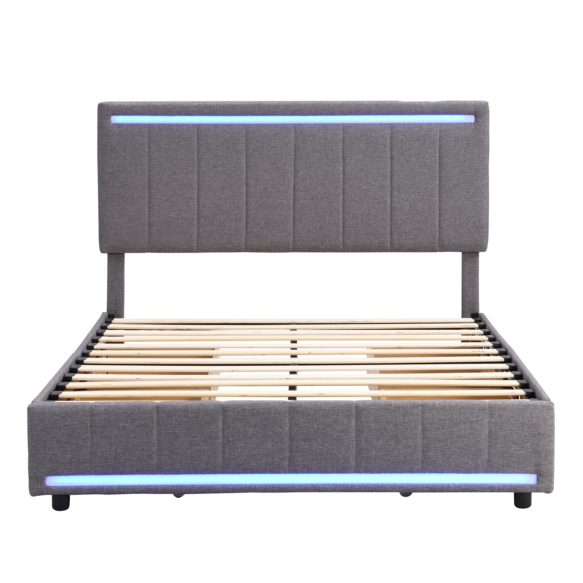 Full Size Upholstered Bed with LED Light and 4 Drawers, Modern Platform Bed with a set of Sockets and USB Ports, Linen Fabric, Gray - Atlantic Fine Furniture Melbourne FL