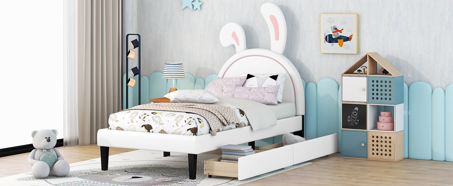 Twin Size Upholstered Leather Platform Bed with Rabbit Ornament and 2 Drawers, White - Atlantic Fine Furniture Melbourne FL