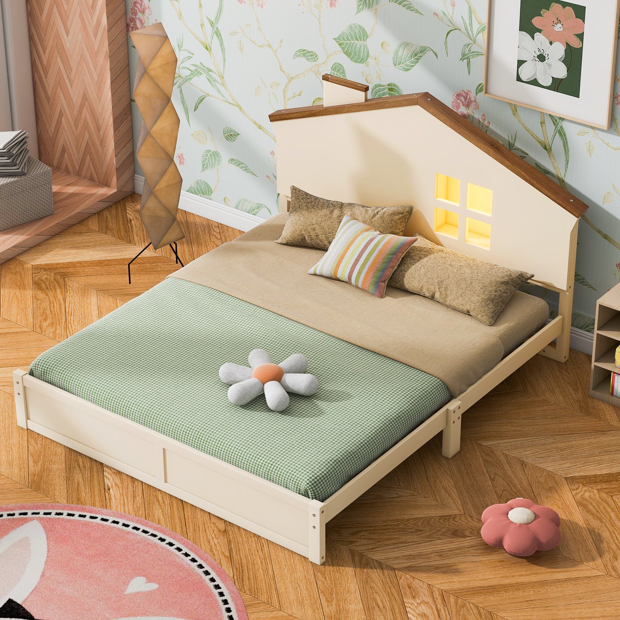 Full Size Wood Platform Bed with House-shaped Headboard and Built-in LED, Walnut+Milk White - Atlantic Fine Furniture Melbourne FL
