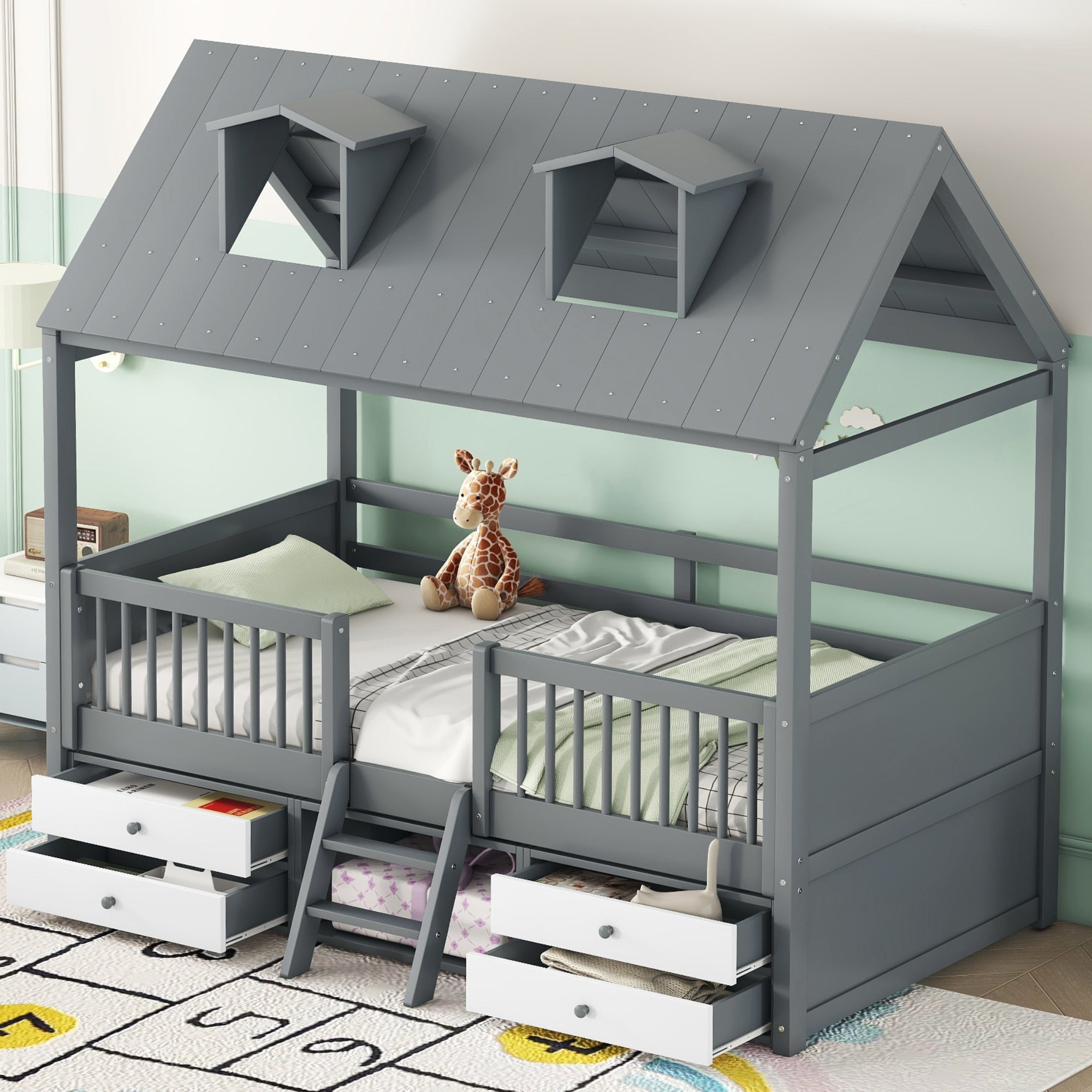 Twin Size Wood Bed House Bed Frame,Gray - Atlantic Fine Furniture Melbourne FL