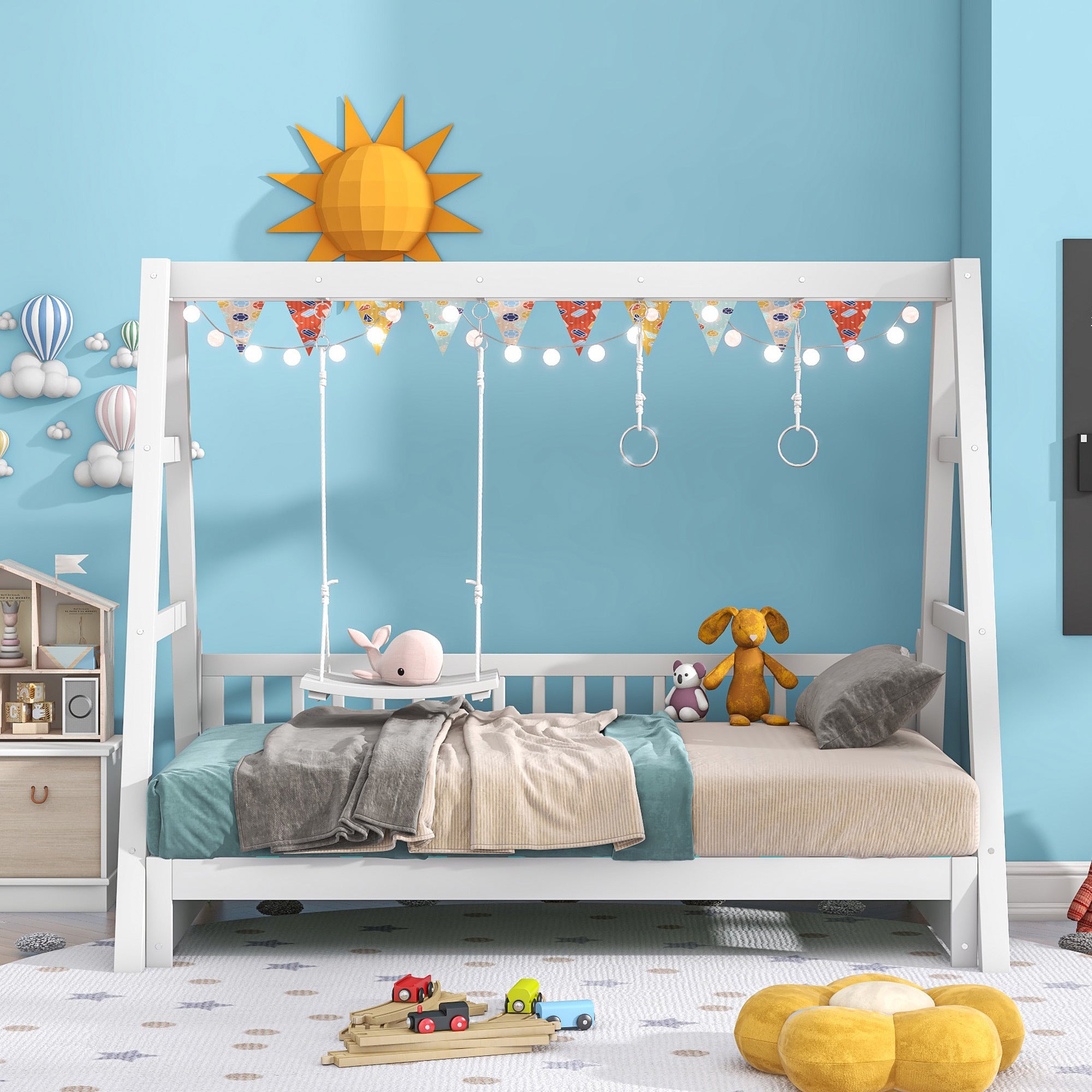 Extendable Twin Daybed with Swing and Ring Handles, White(Twin bed can be pulled out to be King) - Atlantic Fine Furniture Melbourne FL