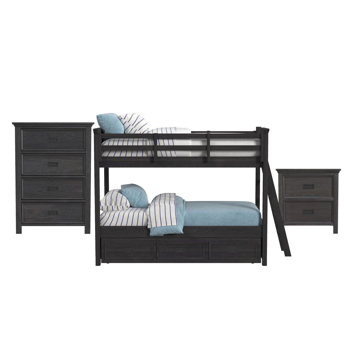Hampton Kids Bunk With Ladder And Trundle Bedroom Set in Black by Elements International, view 7