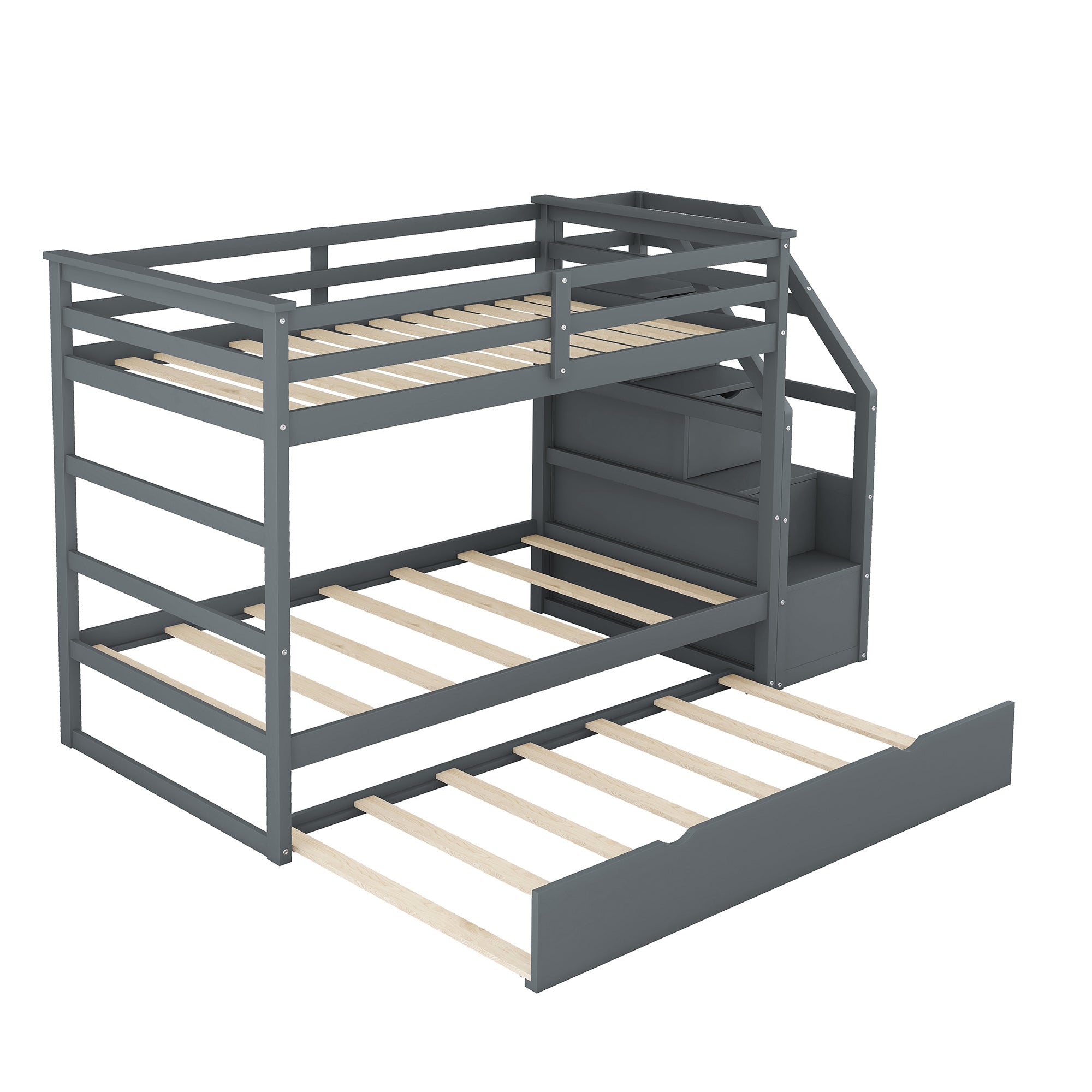 Twin-Over-Twin Bunk Bed with Twin Size Trundle and 3 Storage Stairs,Gray (OLD SKU :LP000064AAE) - Atlantic Fine Furniture Melbourne FL