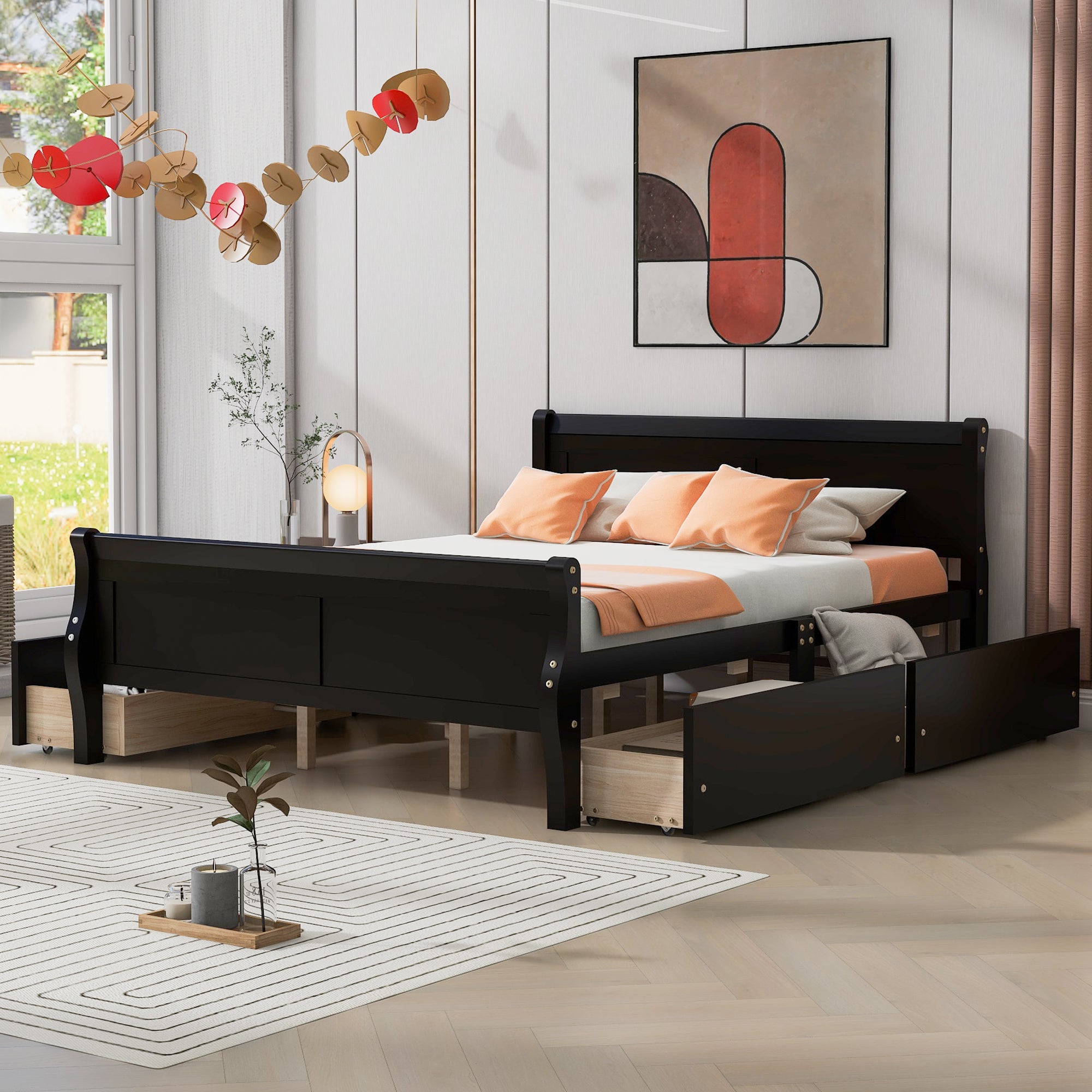 Queen Size Wood Platform Bed with 4 Drawers and Streamlined Headboard & Footboard, Espresso - Atlantic Fine Furniture Melbourne FL