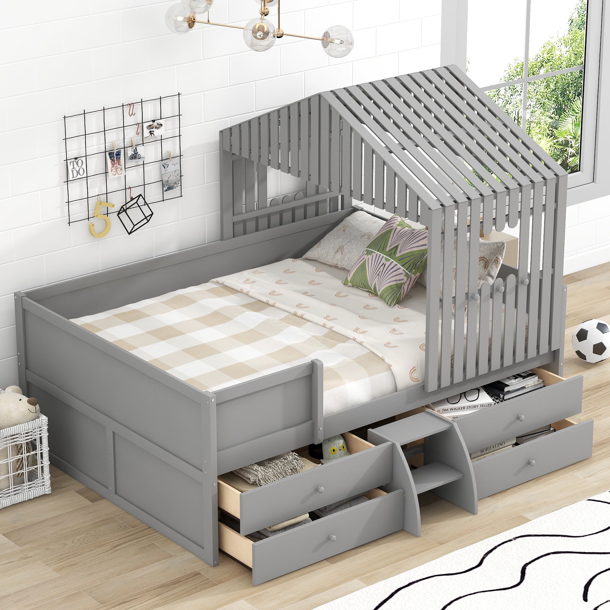 Full Size House Low Loft Bed with Four Drawers,Gray - Atlantic Fine Furniture Melbourne FL