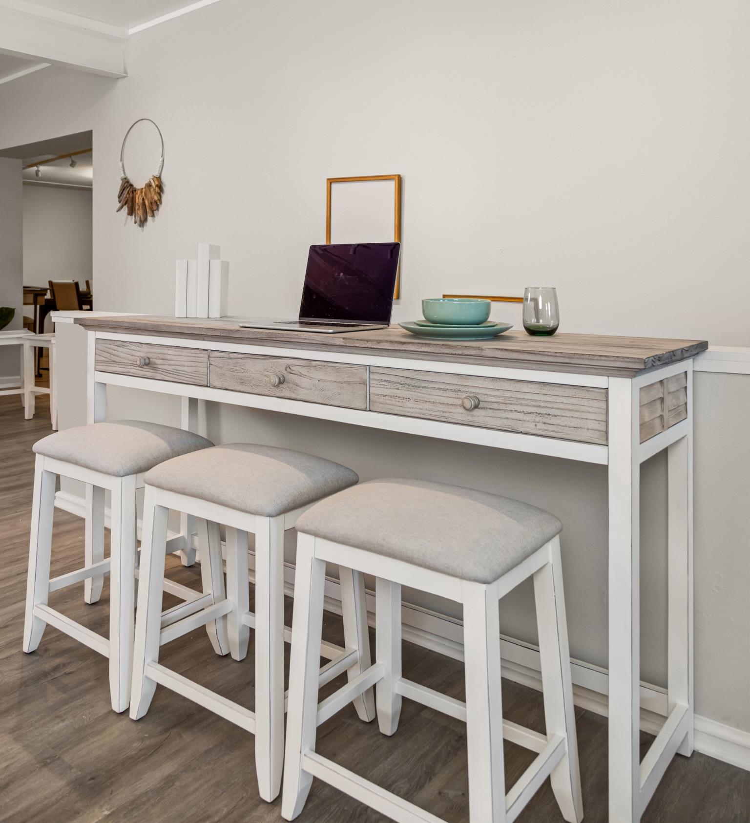 Islamorada 3-Drawer Console Table w/ Power. Dapple Grey Finish
