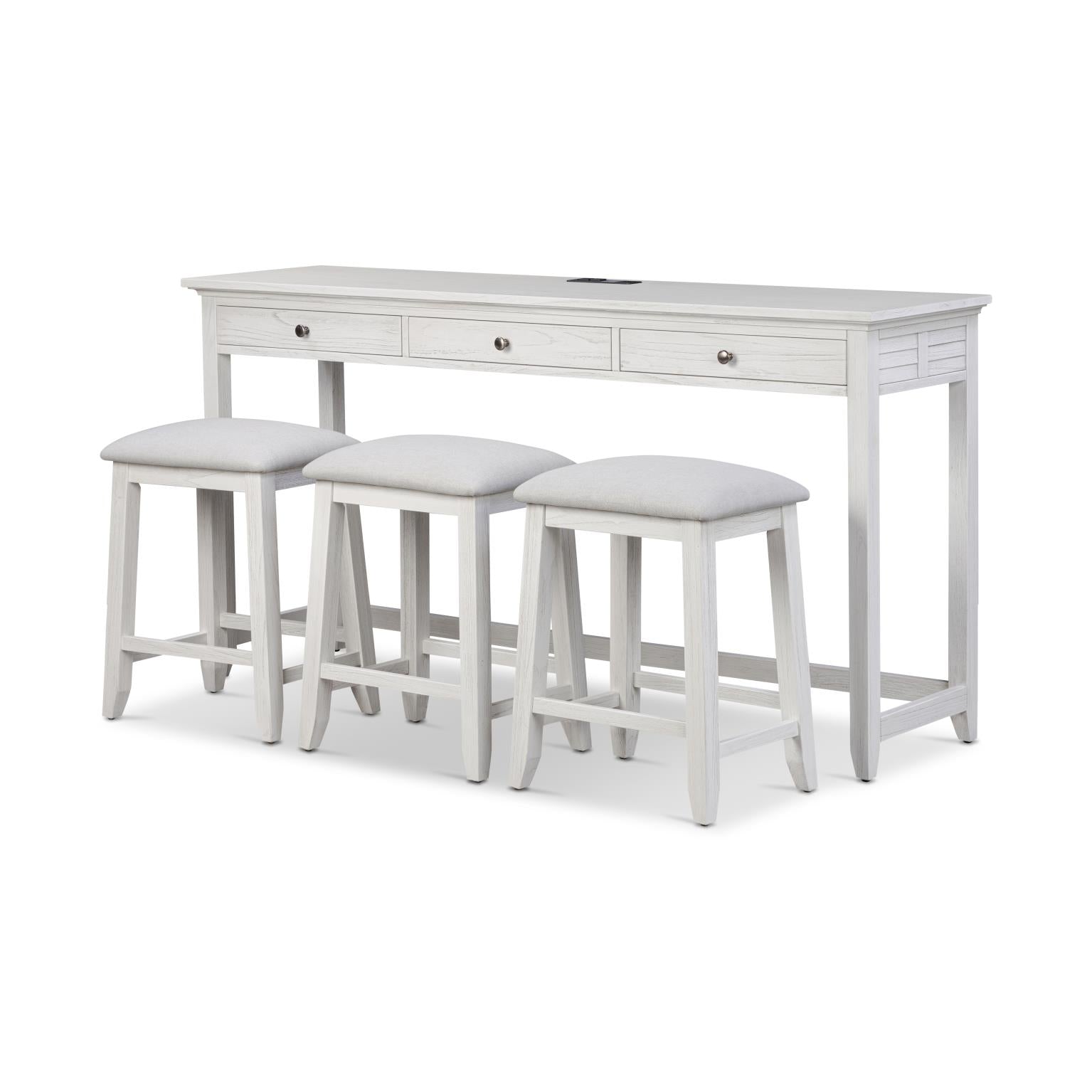 Surfside 3-Drawer Console and 3 Stools - Complete Set. Weathered White finish
