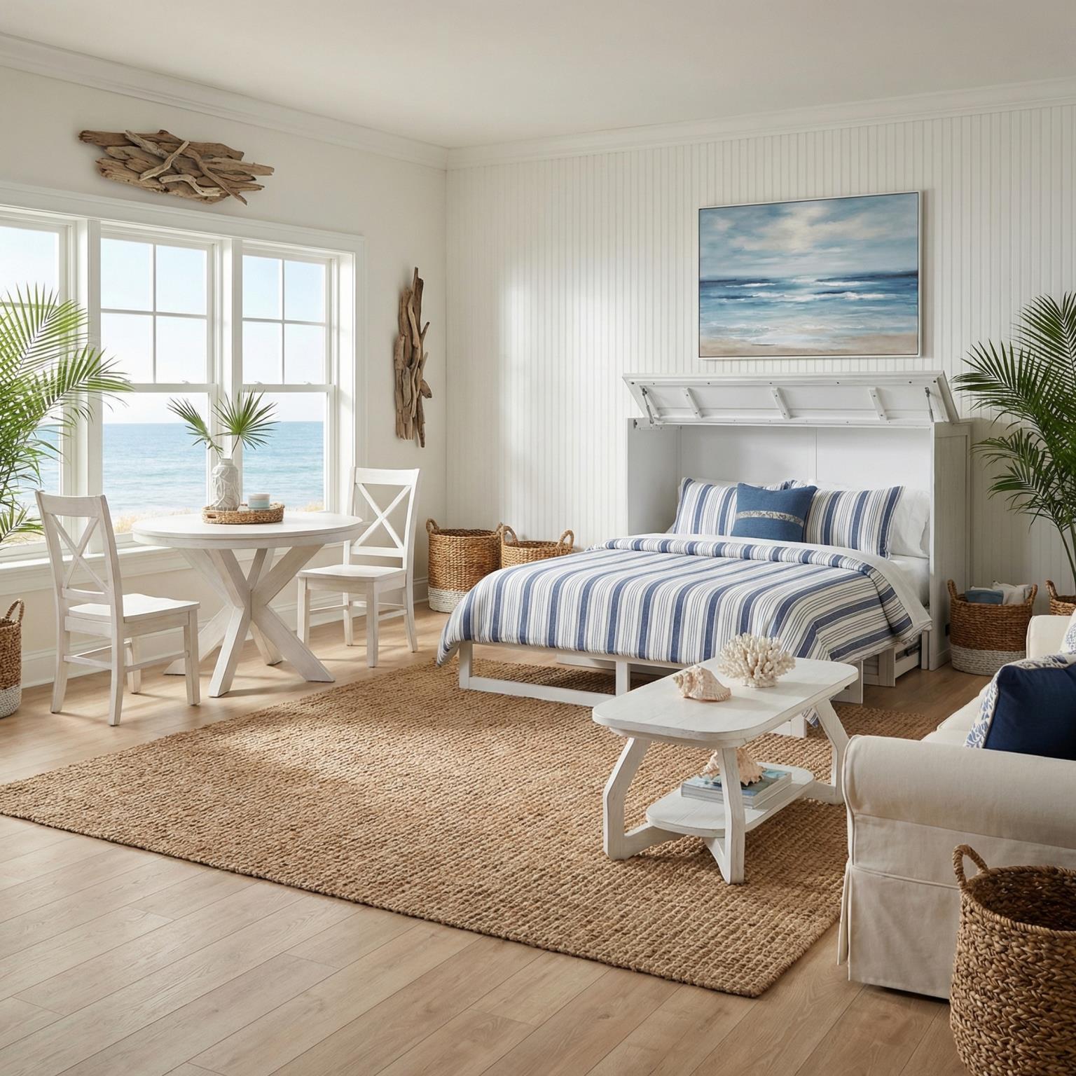 Surfside Queen Cabinet Bed (flip top); mattress ordered separately. Weathered White Finish