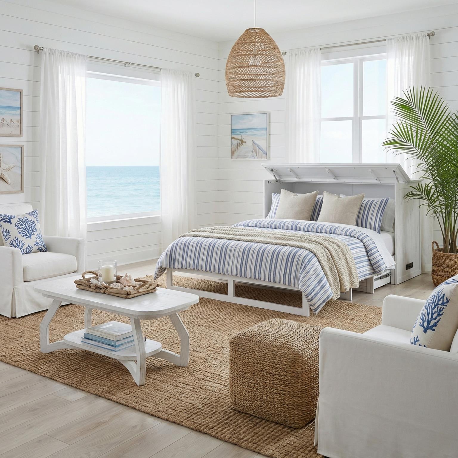 Surfside Queen Cabinet Bed (flip top); mattress ordered separately. Weathered White Finish