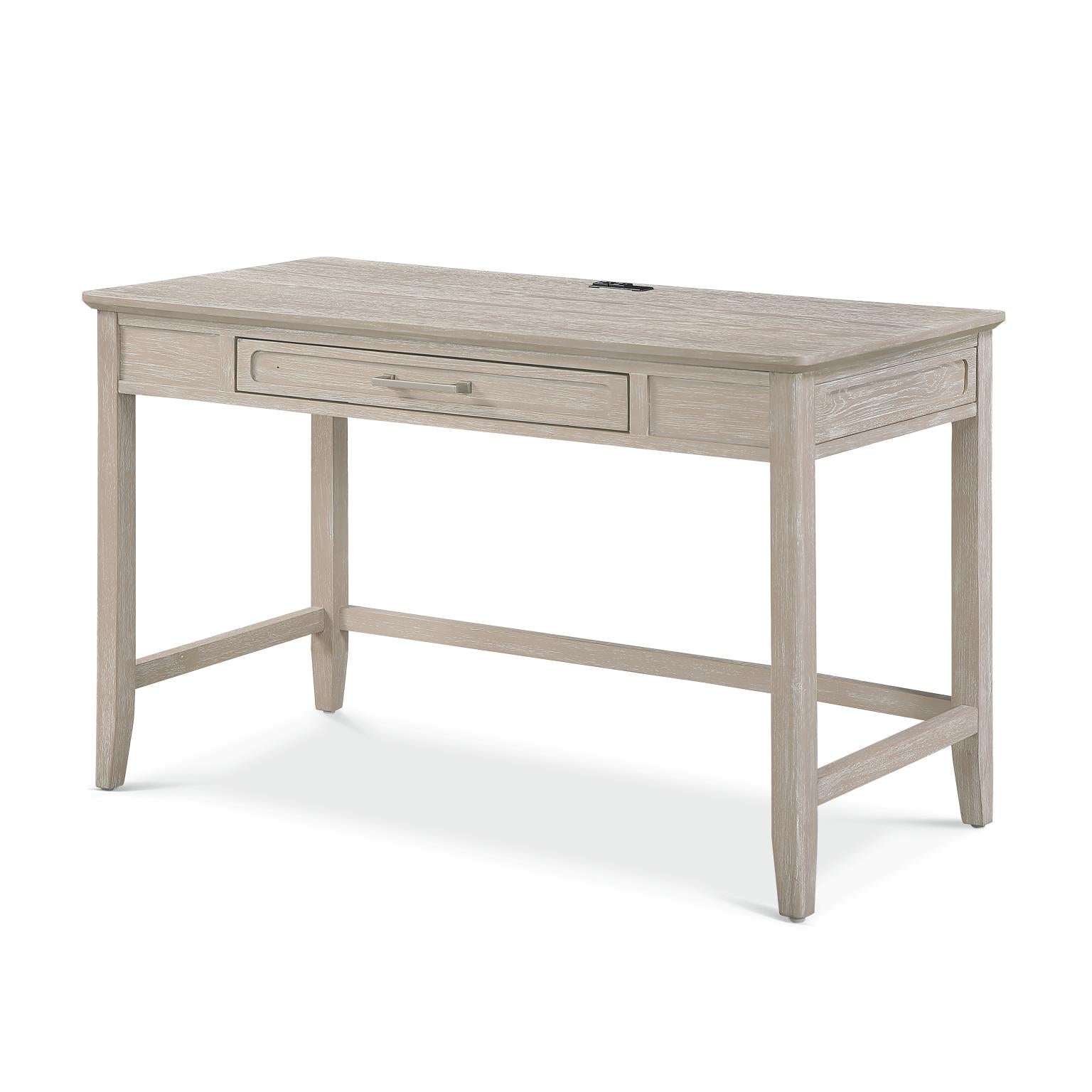 Cape May Writing Desk w/ Power and Upholstered Shutter Back Chair. Glazed Driftwood Finish