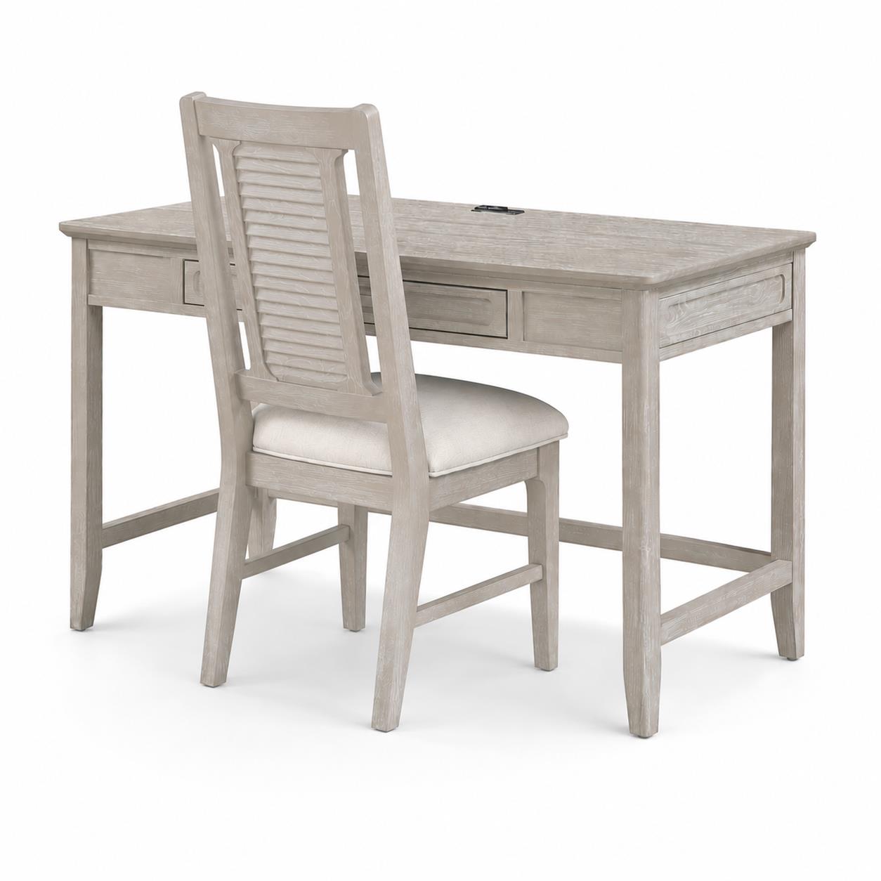 Cape May Writing Desk w/ Power and Upholstered Shutter Back Chair. Glazed Driftwood Finish