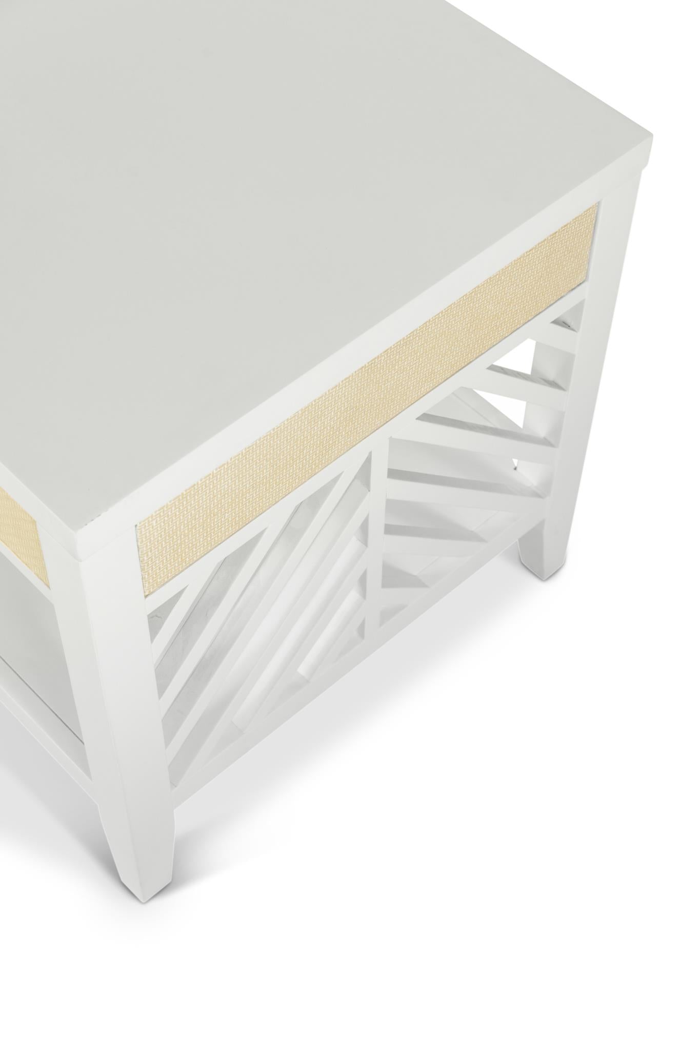 Miramar 1-Drawer End Table. Sand and Stark White Finish