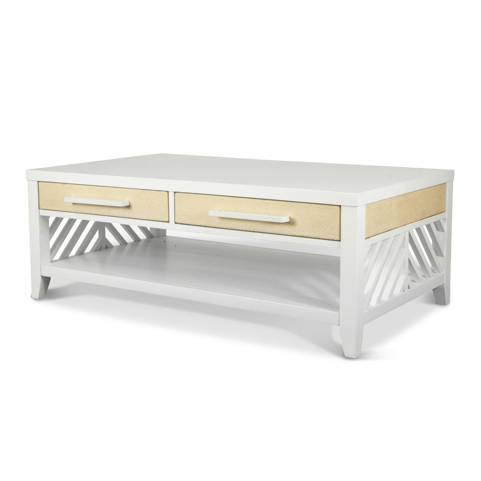 Miramar 2-Drawer Cocktail Table w/ Casters. Sand and Stark White Finish