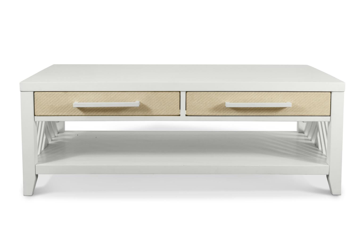 Miramar 2-Drawer Cocktail Table w/ Casters. Sand and Stark White Finish