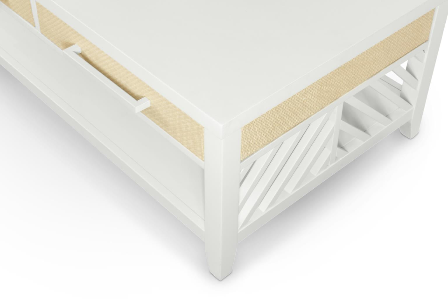 Miramar 2-Drawer Cocktail Table w/ Casters. Sand and Stark White Finish