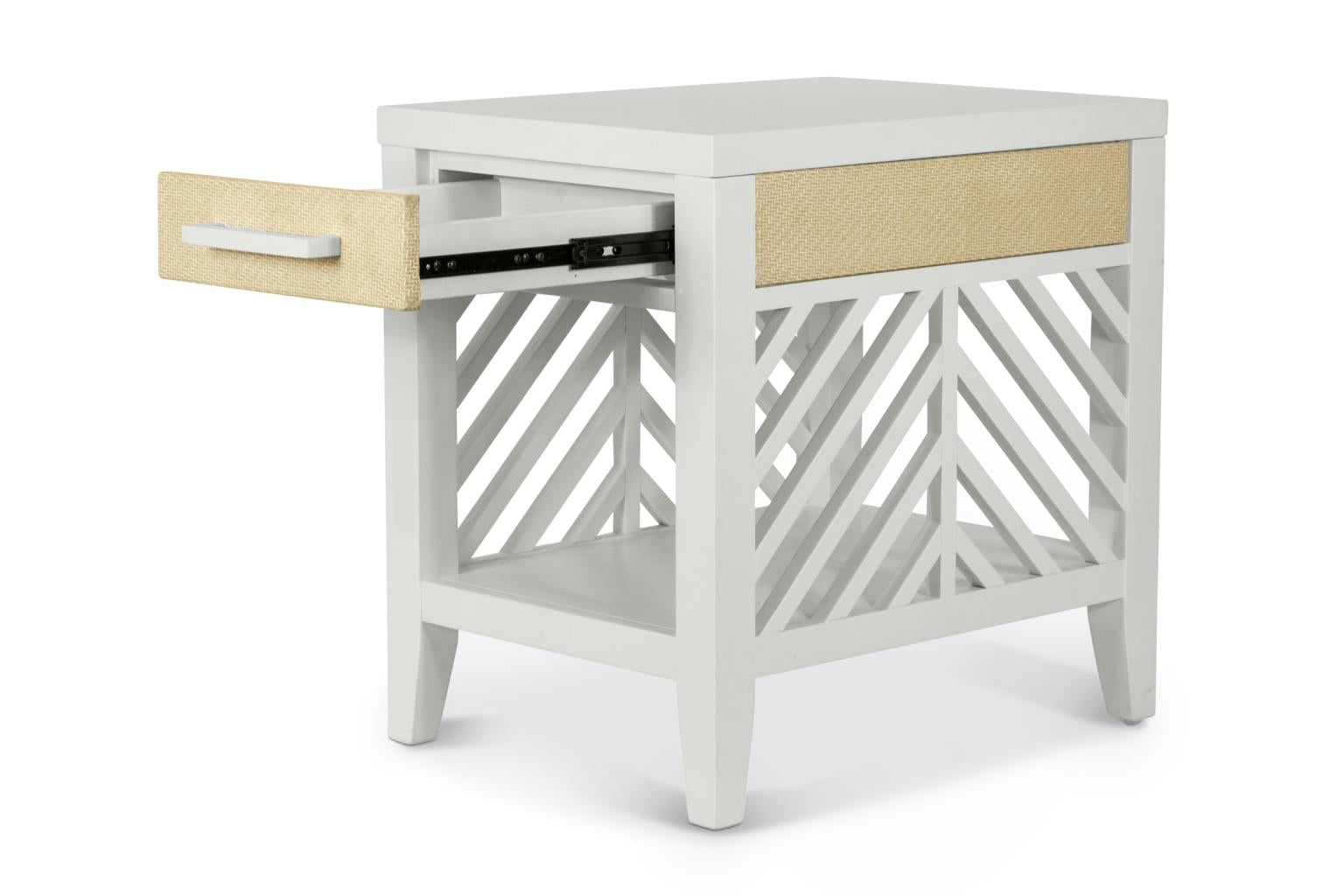 Miramar 1-Drawer Chairside Table. Sand and Stark White Finish