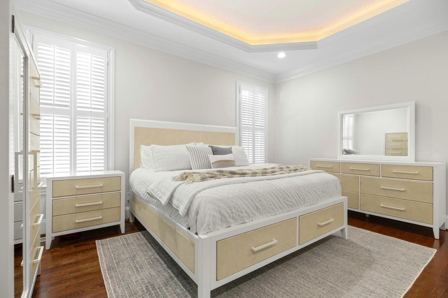 Miramar King Storage Bed Complete. Sand and Stark White Finish