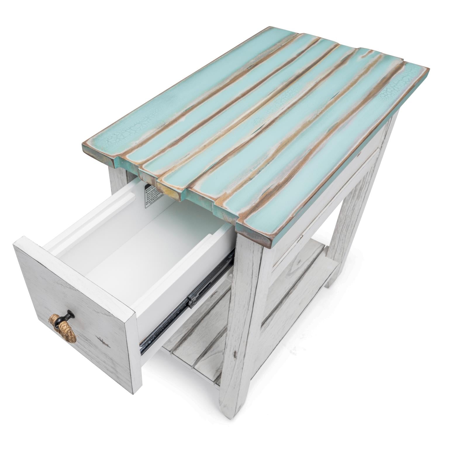 Picket Fence Chairside Table Distressed Bleu/White Finish