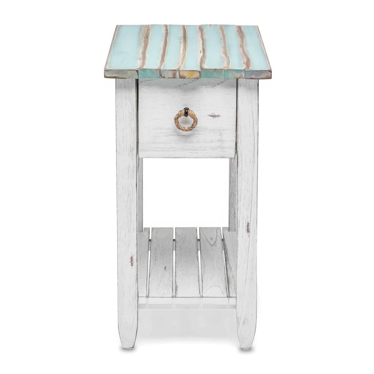 Picket Fence Chairside Table Distressed Bleu/White Finish