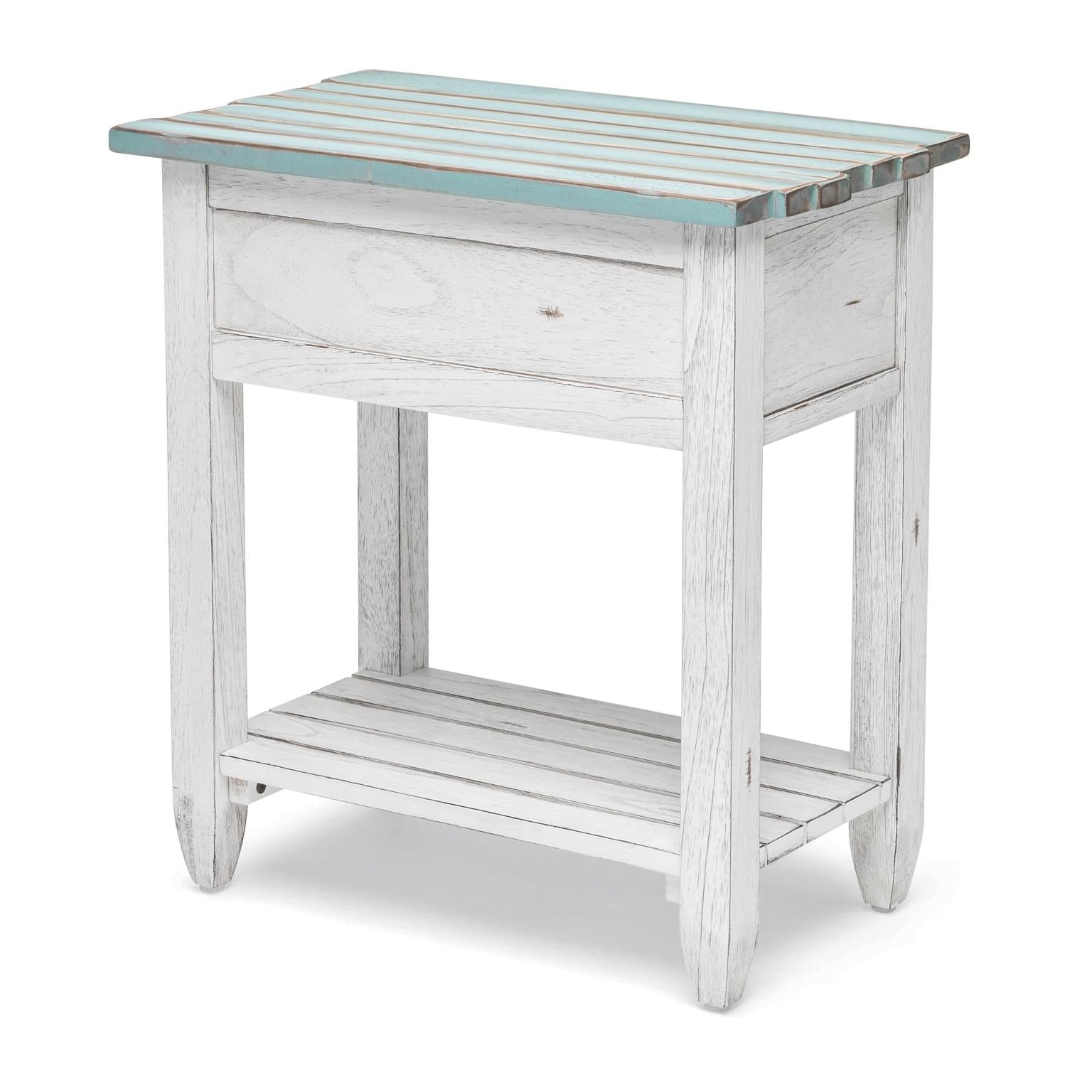 Picket Fence Chairside Table Distressed Bleu/White Finish