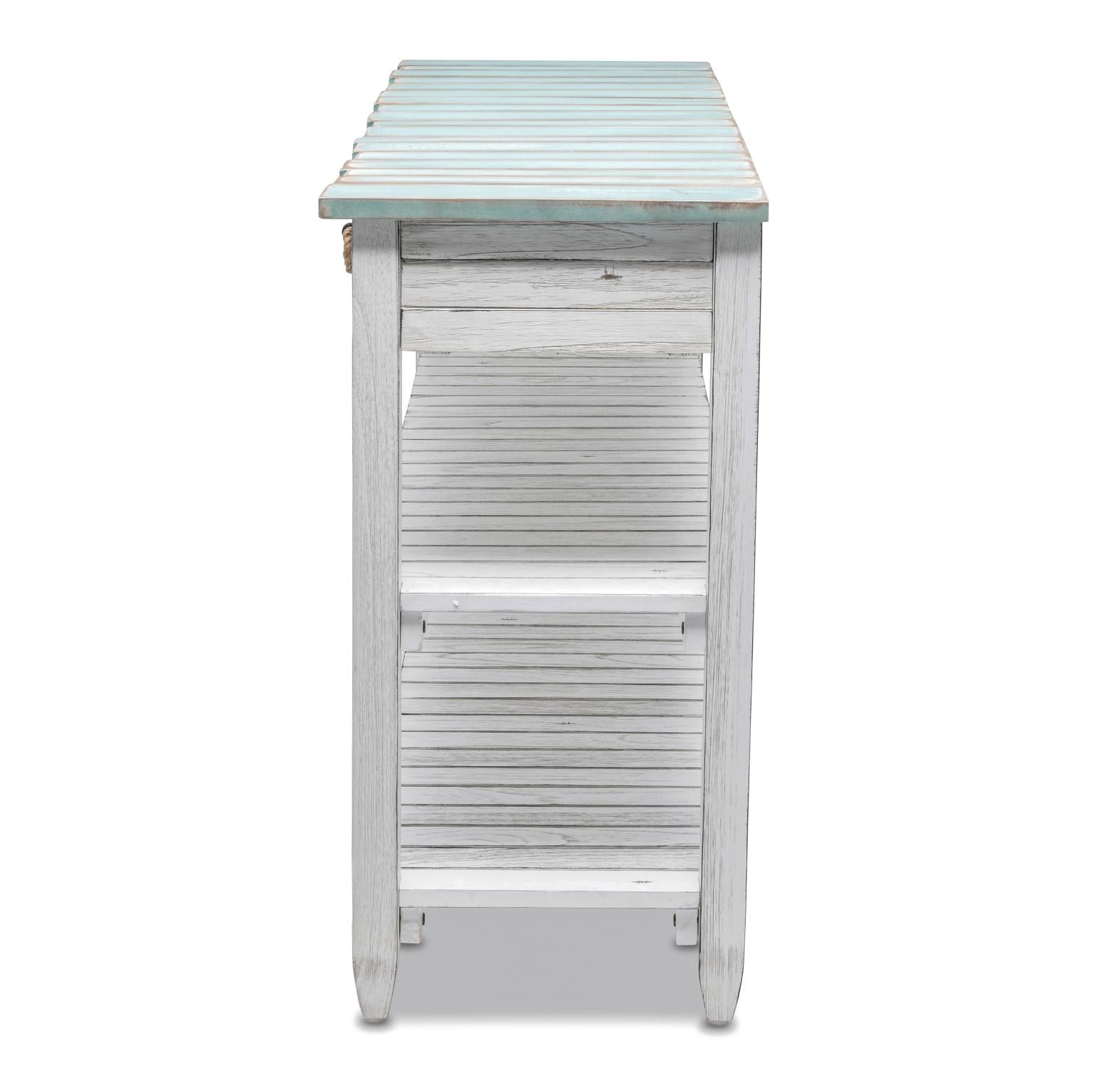 Picket Fence Entertainment Center. Distressed Bleu/ White Finish