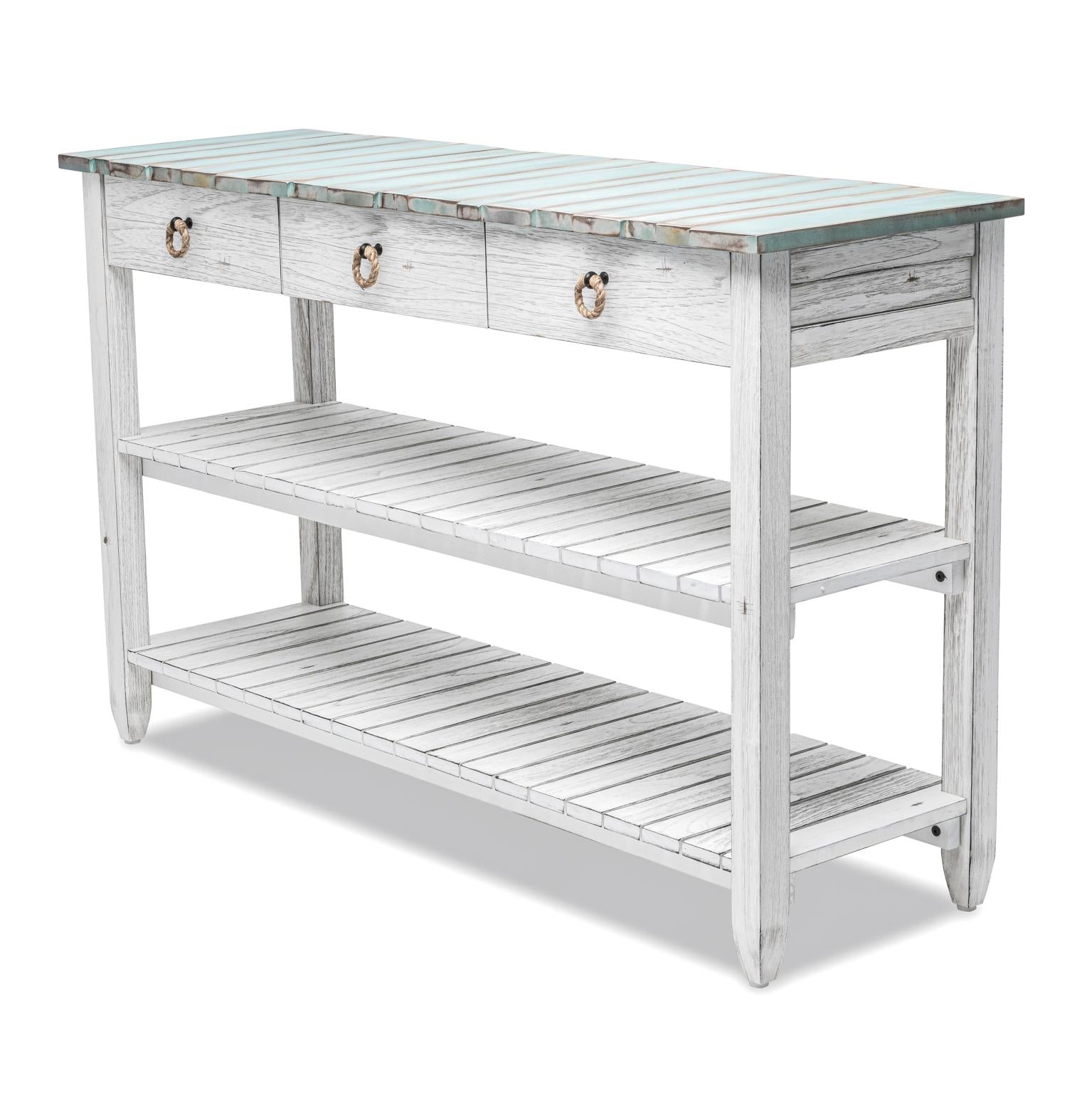 Picket Fence Entertainment Center. Distressed Bleu/ White Finish