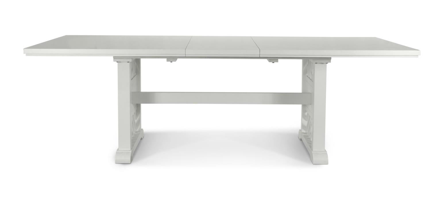 Miramar Trestle Table w/ Self Storing Leaf (78"-96") Complete. Sand and Stark White Finish