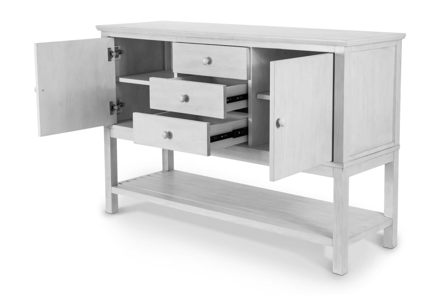 Geneva 2-Door / 3-Drawer Credenza. Distressed White Finish