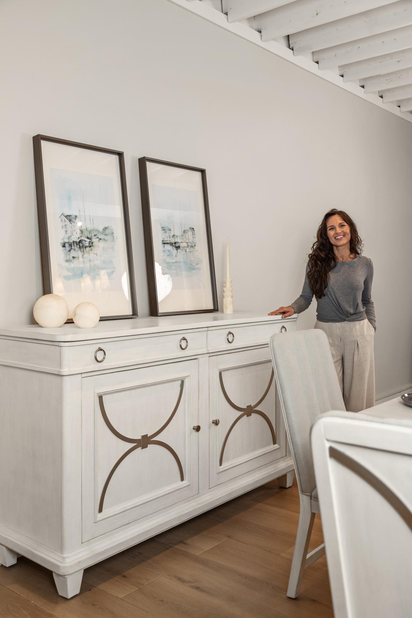 Point Breeze Credenza w/ Metal and Silver Tray (68"). Fresh White Finish